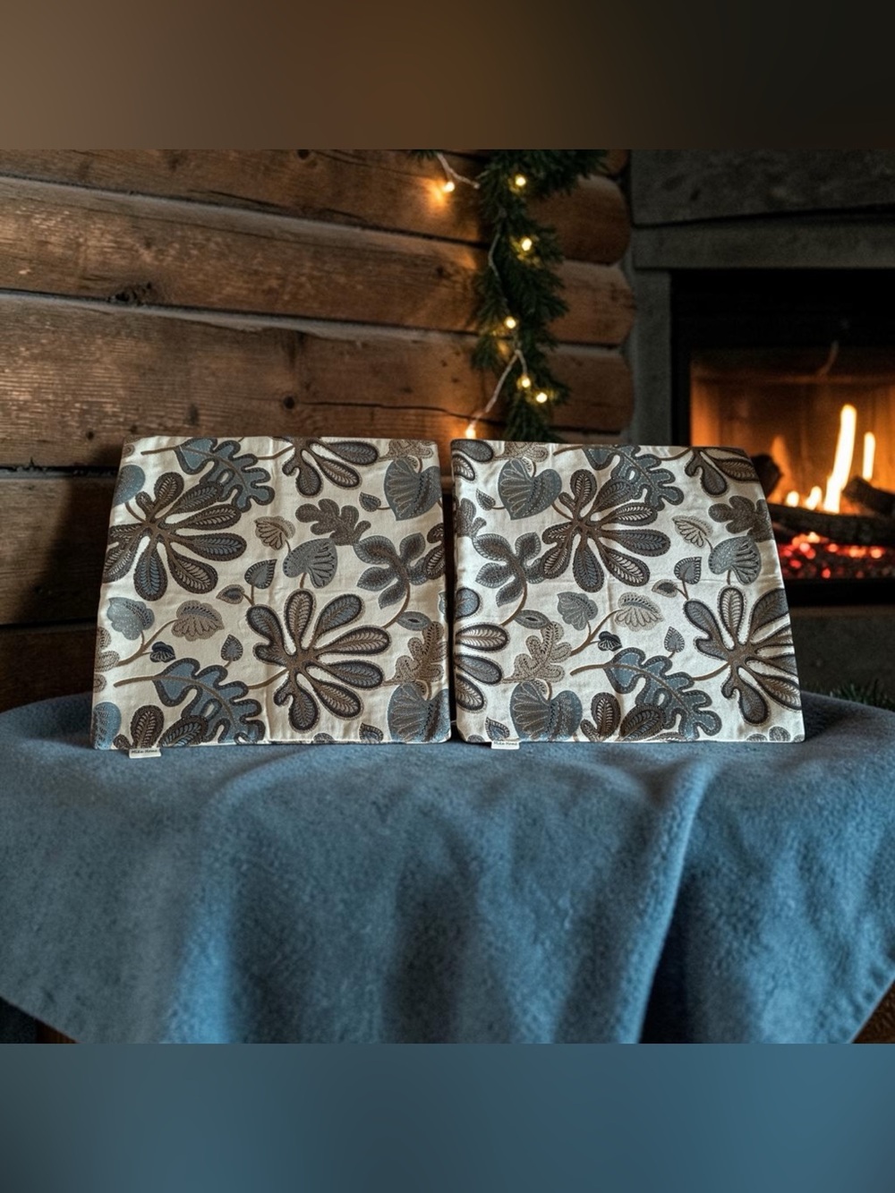 2 Mika Home Jacquard Blue Brown Leaf Design Pillow Shams Cover Zipper Closure